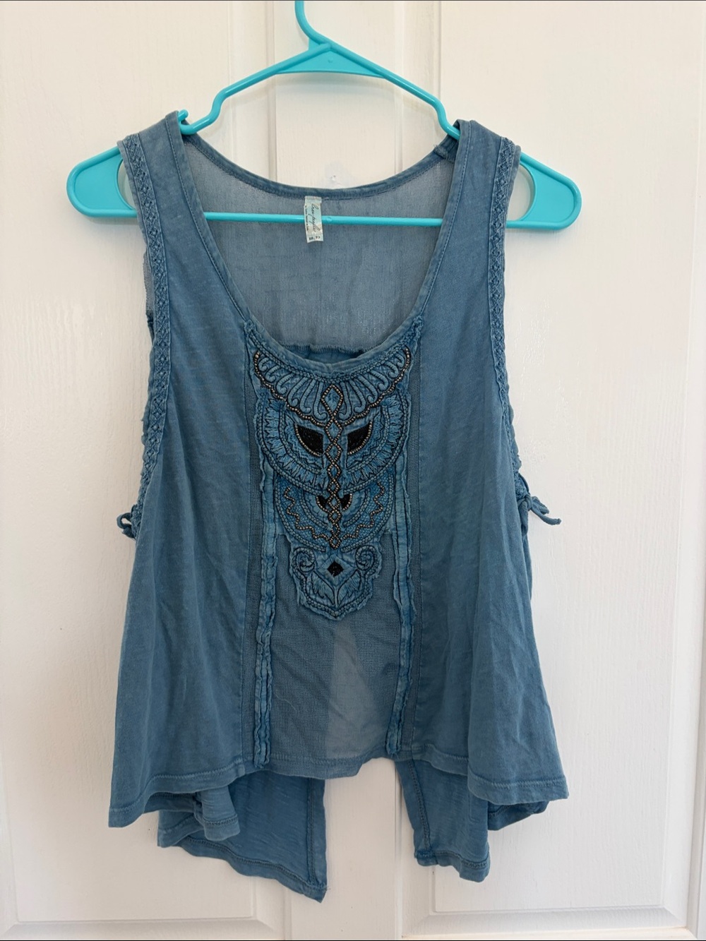 Free People Dusty Blue Embroidered Scoop Neck Tank
